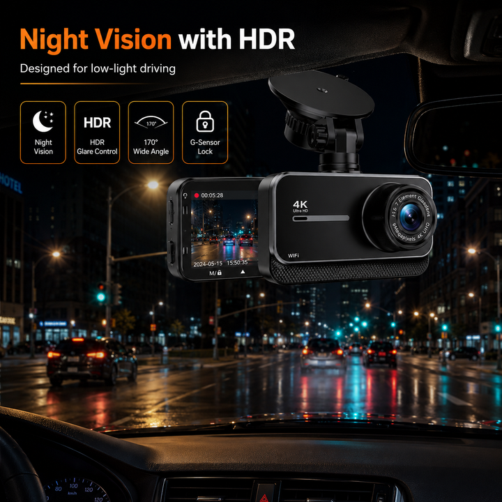 4K Dual Dash Cam | WiFi &amp; GPS | 24H Parking Mode | 170° Wide Angle | Max 256GB | Night Vision