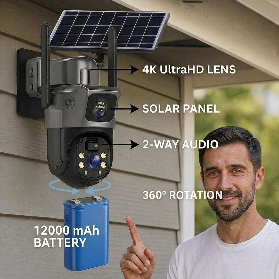 4K Solar Security Camera | Dual Lens 10x Zoom | 360° View | IP66 | 12000mAh | Two-Way Audio