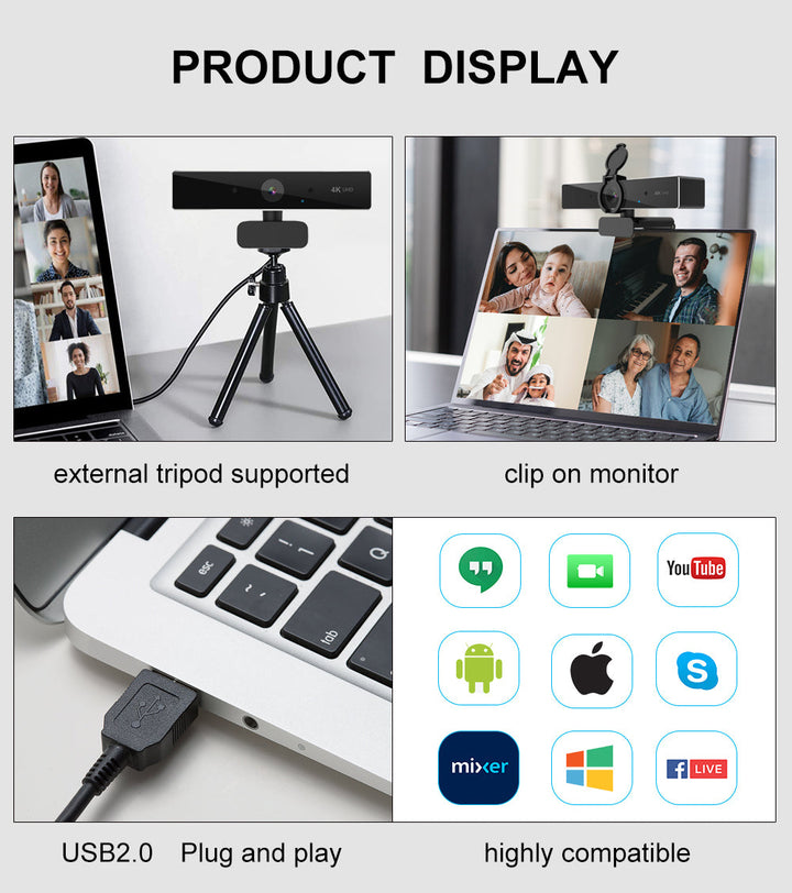 4K Ultra HD Webcam with Autofocus | 8MP CMOS Sensor, 7-Layer Lens | 1080P 50fps Streaming, Built-in Mic, USB 2.0