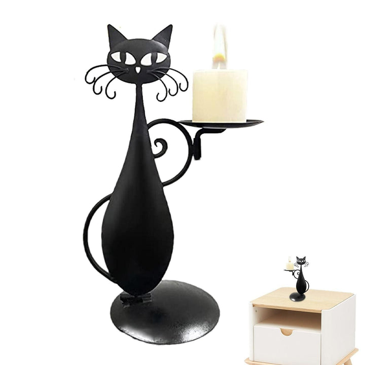 Black Cat Candle Holder Iron | Raised Tail Handle Design with Textured Fur Detail | Holds Tealights Votives Pillar Candles 4