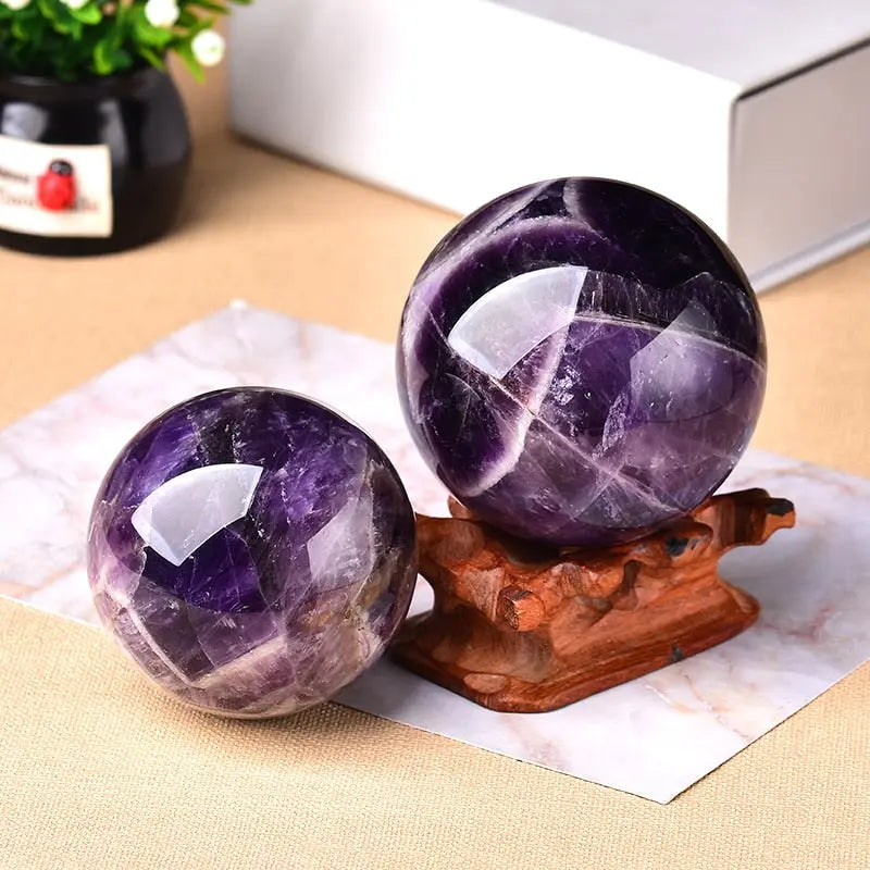 Amethyst Sphere Natural Crystal Ball | Hand-Polished Finish with Wooden Stand &amp; Gift Box | Unique Veined Décor Piece 1