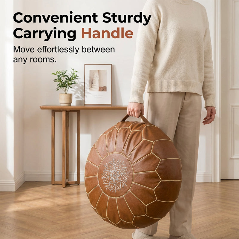Storage Ottoman Waterproof Embroidered Round Pouf with Side Handle 3
