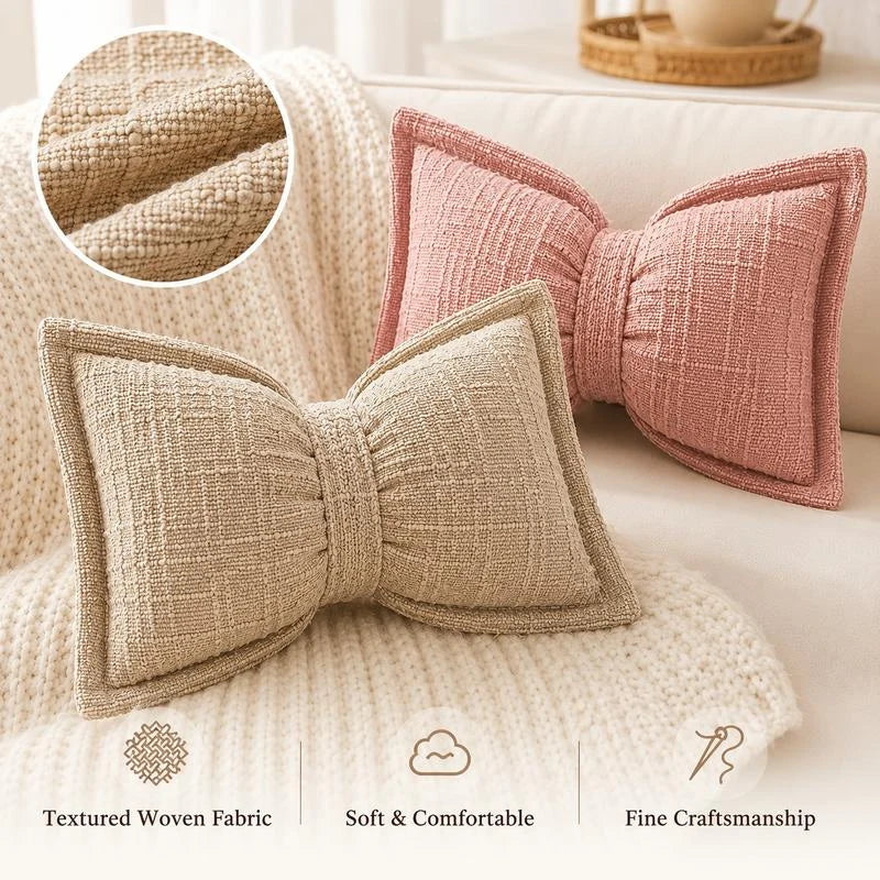 Bow Throw Pillow Shaped Chenille Plush Decorative with Fitted Insert 1