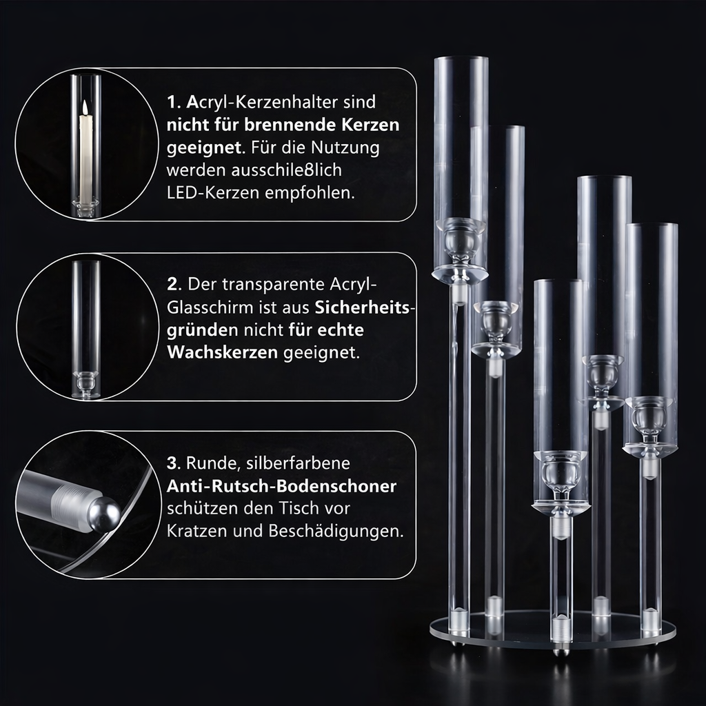 5-Arm Candle Holder Acrylic | Crystal-Like Design for Wax or LED Candles | Shatter-Resistant Indoor &amp; Outdoor Accent