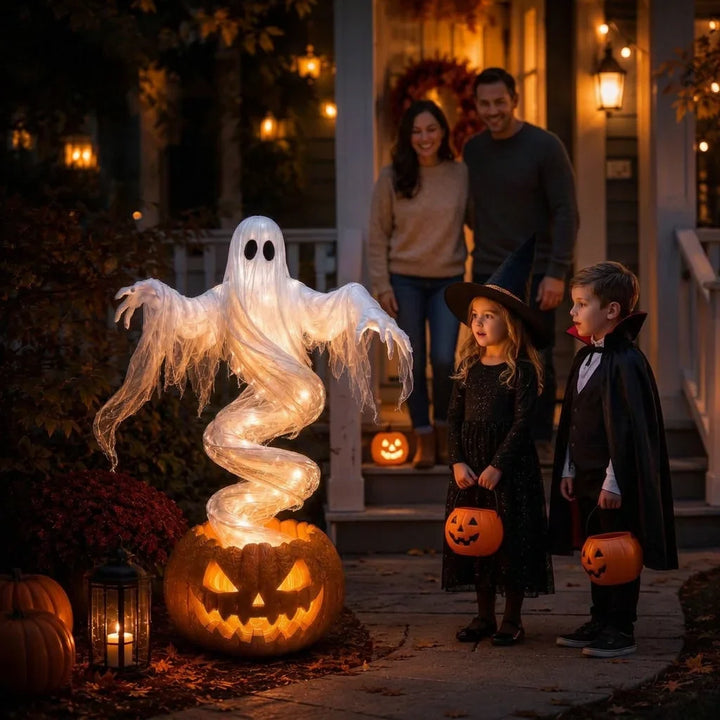Rising Ghost &amp; Pumpkin Yard Lamp Halloween Decoration | Spiral Frame with Warm Glow Lighting | Porch &amp; Entryway Display 5