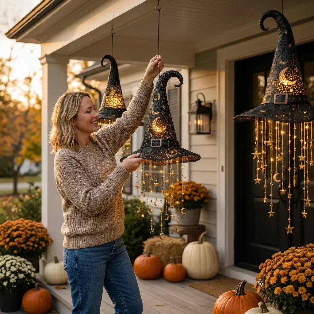 Hanging Witch Hat Light Halloween Decoration | Cascading LED Stars &amp; Moons | Battery-Powered, Glows Up to 30 Days 6