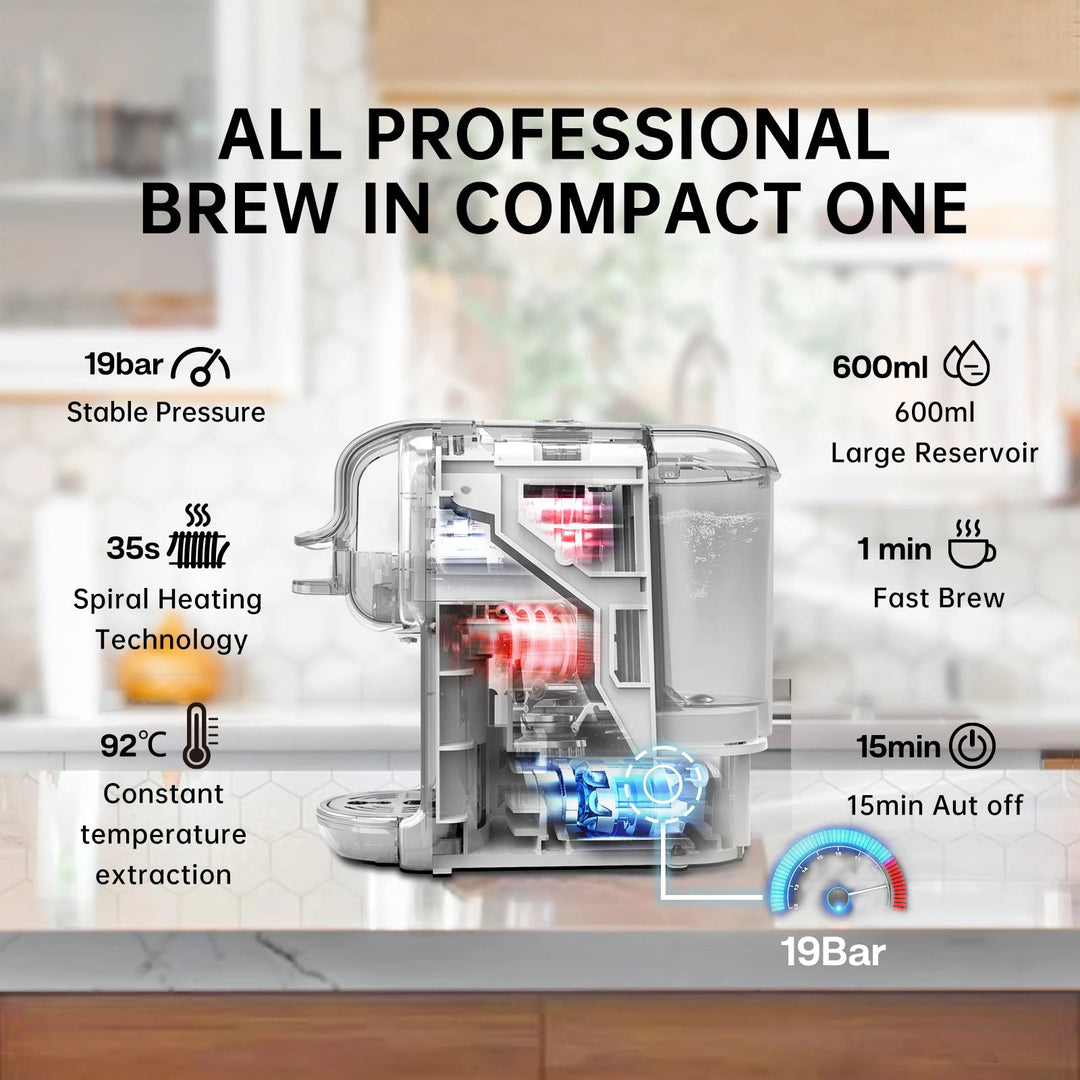5-in-1 Coffee Machine | 20-Bar Pressure | Nespresso &amp; K-Cup Compatible | Hot &amp; Cold Brew | Compact