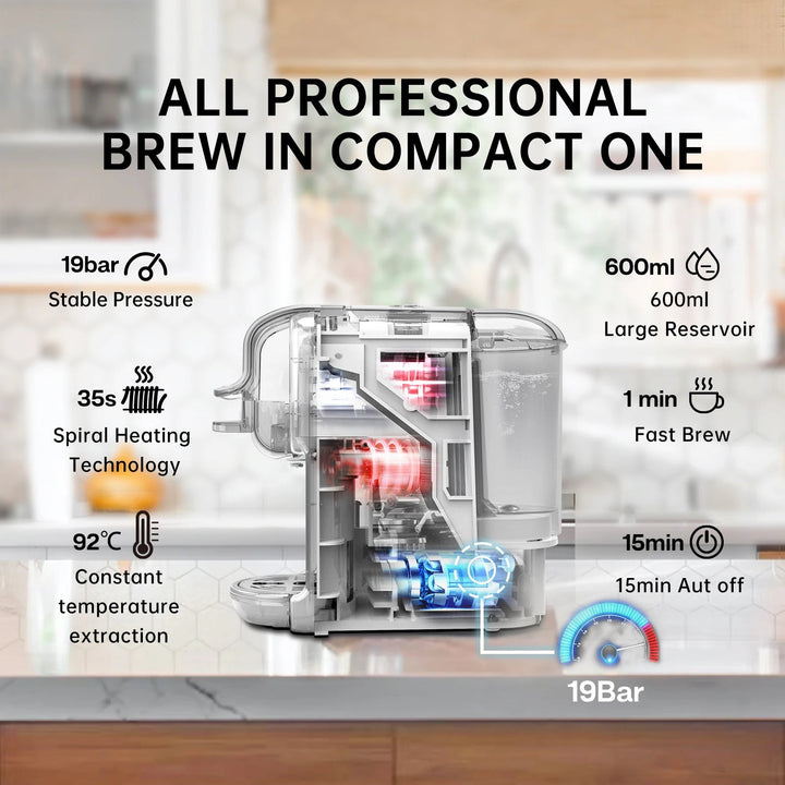 5-in-1 Coffee Machine | 20-Bar Pressure | Nespresso &amp; K-Cup Compatible | Hot &amp; Cold Brew | Compact