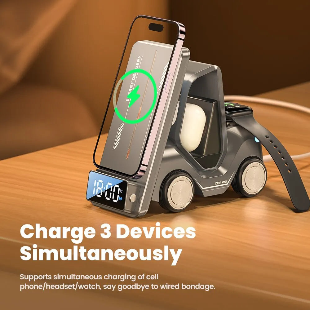 5-in-1 Wireless Charging Stand | 15W Fast Charging for iPhone, Apple Watch &amp; AirPods | Alarm Clock &amp; Night Light