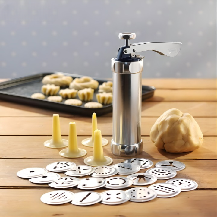 Cookie Press Mould Set Aluminium | 20 Templates &amp; 4 Piping Nozzles | Adjustable Size Dial for Uniform, Evenly Portioned Cookies 3