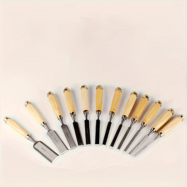 Wood Chisel Set Chromium-Vanadium Steel | 12-Piece Beech Wood Handles | Precision Woodworking Tool Set for Clean Controlled Cuts 7
