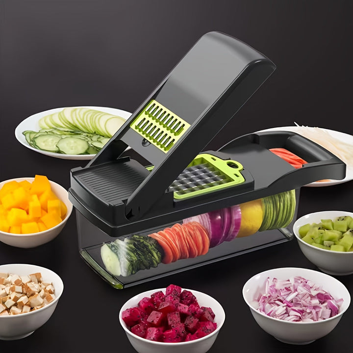 Vegetable Chopper Manual 16-in-1 | 8 Interchangeable Blades, Container &amp; Strainer | Dice, Slice, Julienne Without Electricity 10