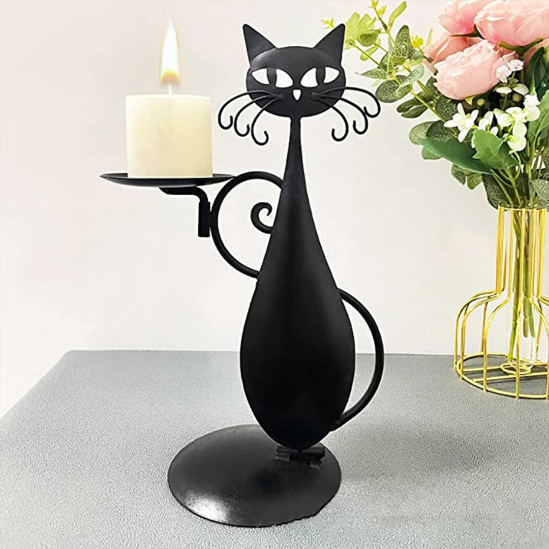 Black Cat Candle Holder Iron | Raised Tail Handle Design with Textured Fur Detail | Holds Tealights Votives Pillar Candles 5