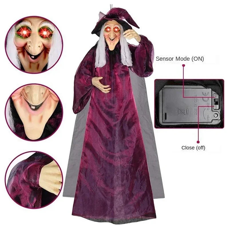Animated Halloween Witch Decor | Glowing Eyes &amp; Voice-Activated Sound | Life-Size Hanging Prop for Indoor &amp; Outdoor Use 3