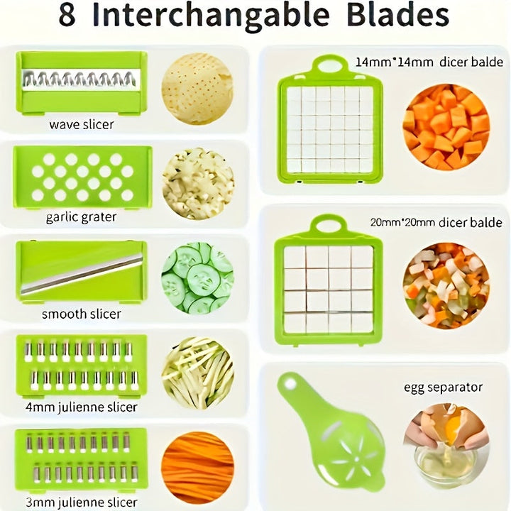 Vegetable Chopper Manual 16-in-1 | 8 Interchangeable Blades, Container &amp; Strainer | Dice, Slice, Julienne Without Electricity 8