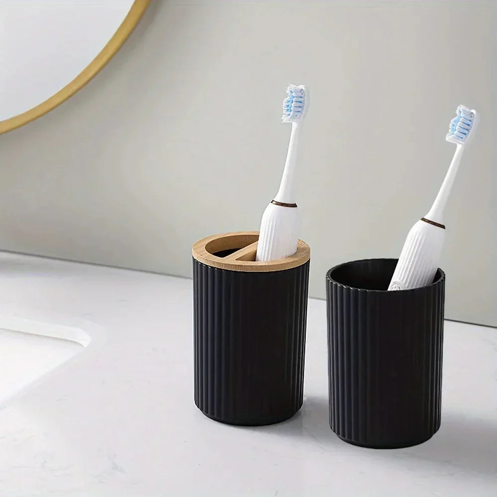 6-Piece Bathroom Accessories Set with Bamboo Accents | Soap Dispenser, Toothbrush Holder & Waste Bin | Organise Your Bathroom