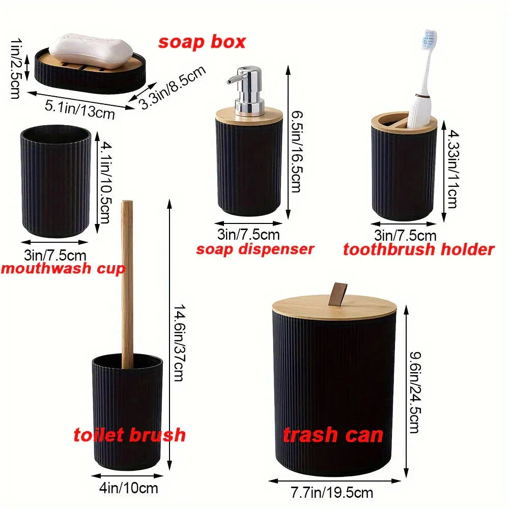 6-Piece Bathroom Accessories Set with Bamboo Accents | Soap Dispenser, Toothbrush Holder &amp; Waste Bin | Organise Your Bathroom