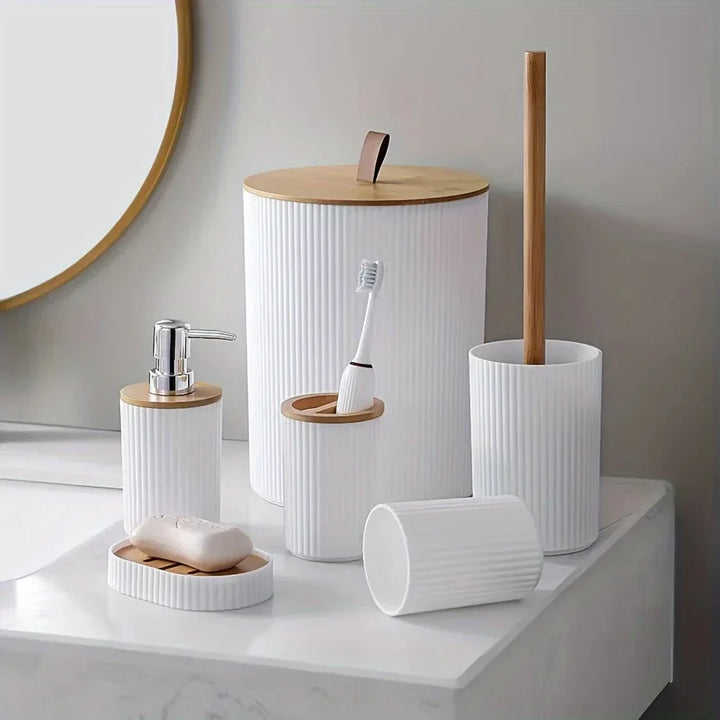 6-Piece Bathroom Accessories Set with Bamboo Accents | Soap Dispenser, Toothbrush Holder &amp; Waste Bin | Organise Your Bathroom