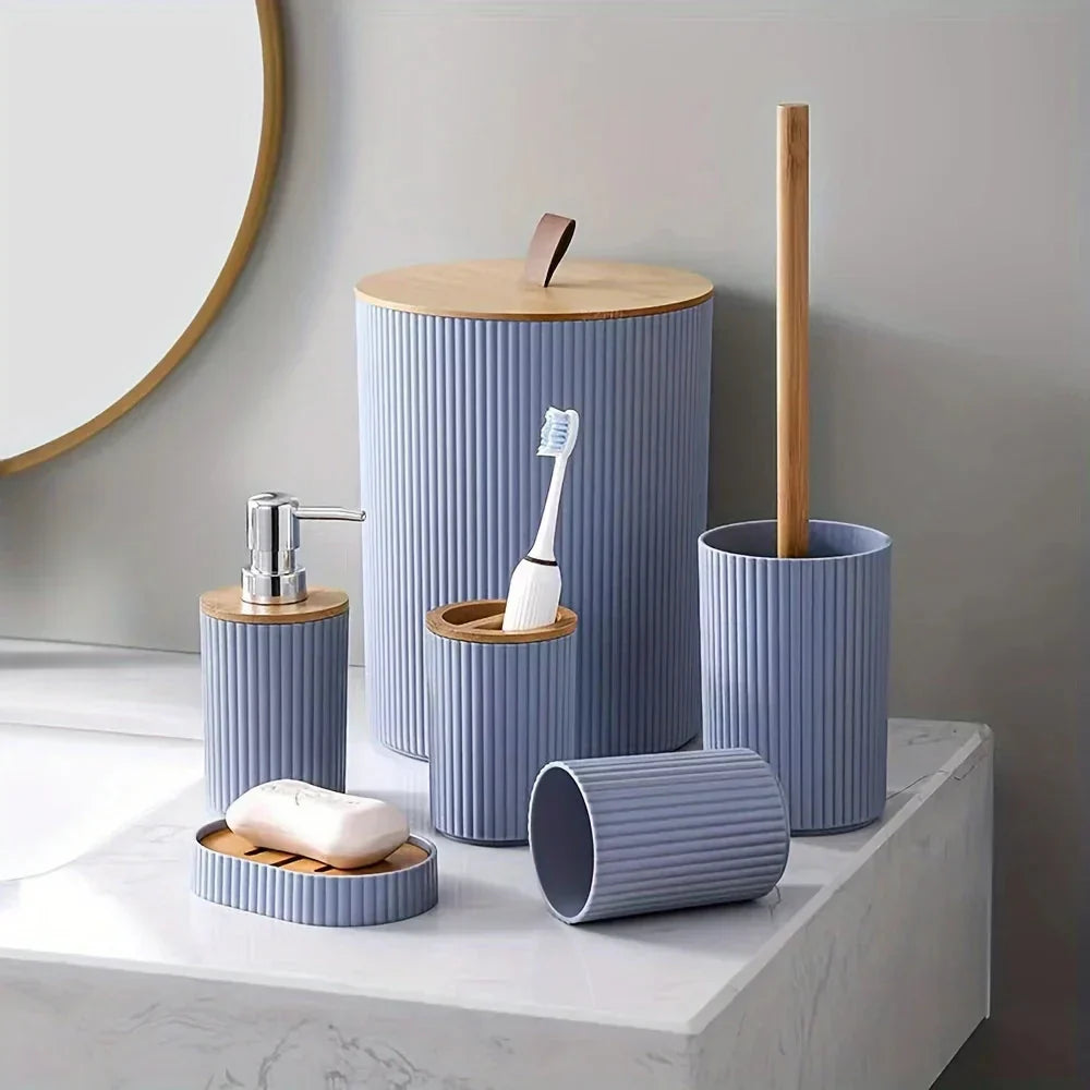 6-Piece Bathroom Accessories Set with Bamboo Accents | Soap Dispenser, Toothbrush Holder &amp; Waste Bin | Organise Your Bathroom