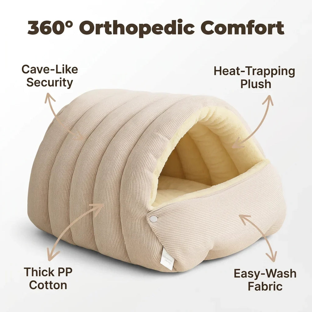 Covered Pet Cave Bed with Plush Fleece Lining | Orthopedic Cotton Cushioning | Warm Enclosed Retreat for Cats and Dogs 2