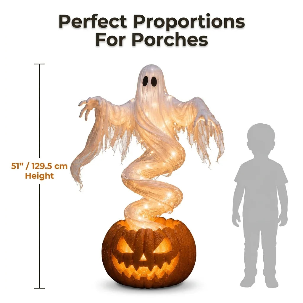 Rising Ghost &amp; Pumpkin Yard Lamp Halloween Decoration | Spiral Frame with Warm Glow Lighting | Porch &amp; Entryway Display 4