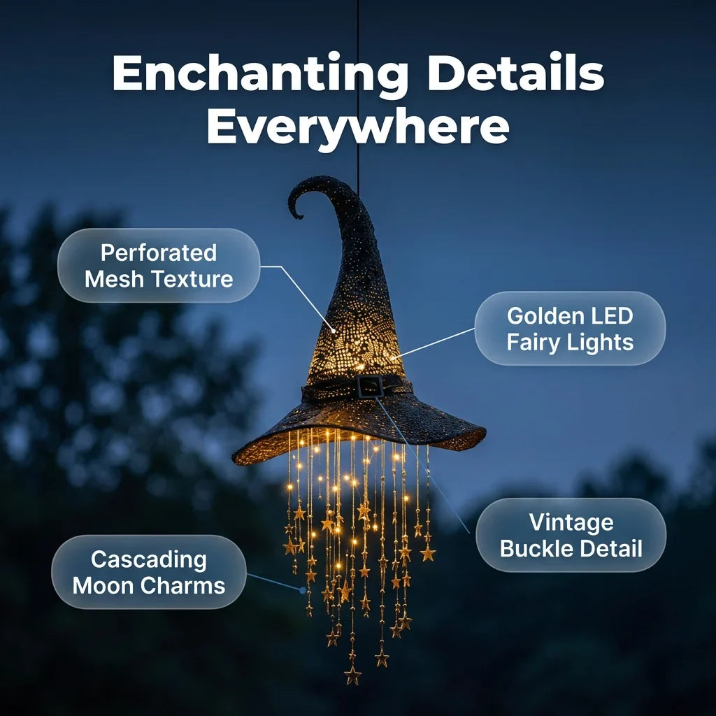 Hanging Witch Hat Light Halloween Decoration | Cascading LED Stars &amp; Moons | Battery-Powered, Glows Up to 30 Days 2