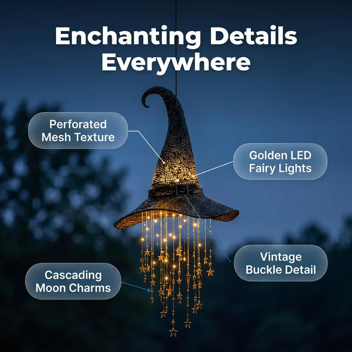 Hanging Witch Hat Light Halloween Decoration | Cascading LED Stars &amp; Moons | Battery-Powered, Glows Up to 30 Days 2