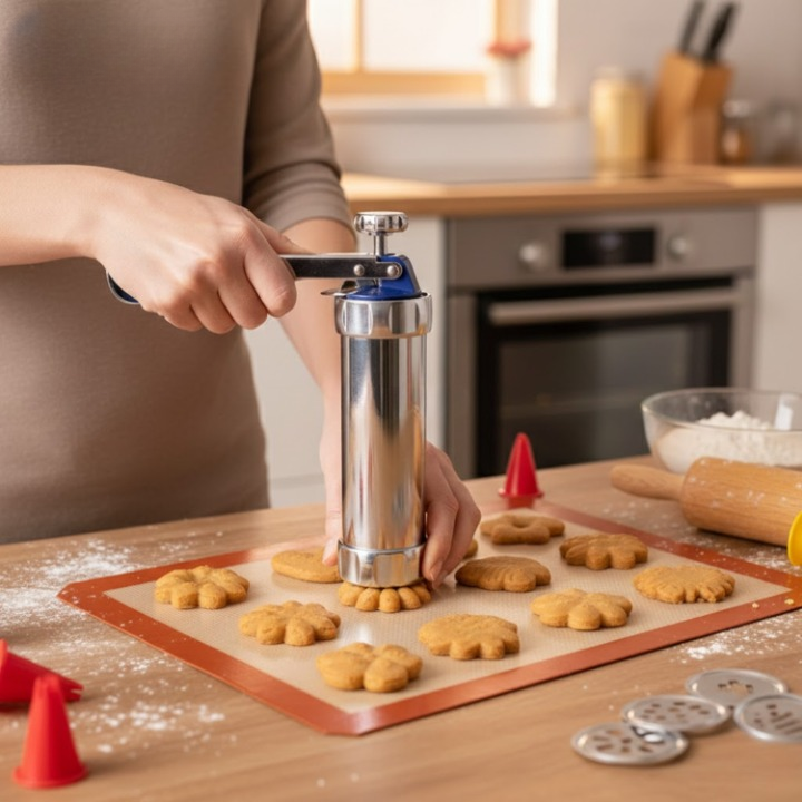 Cookie Press Mould Set Aluminium | 20 Templates &amp; 4 Piping Nozzles | Adjustable Size Dial for Uniform, Evenly Portioned Cookies 1