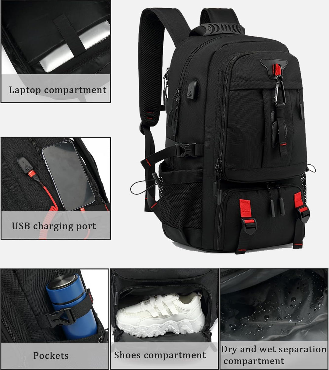 60L Travel Backpack | Waterproof | Laptop 14"–17.3" | USB Port | Shoe Compartment | TSA Friendly