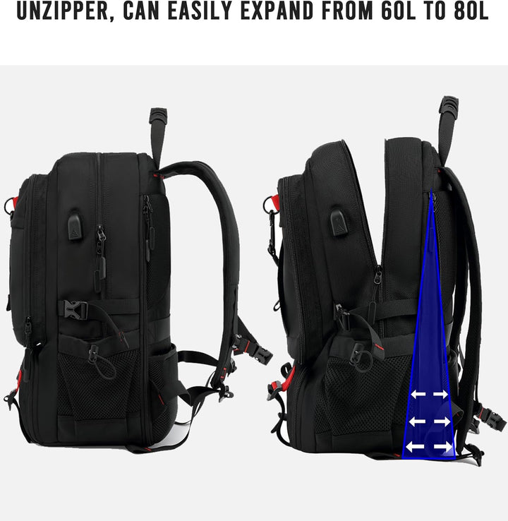 60L Travel Backpack | Waterproof | Laptop 14"–17.3" | USB Port | Shoe Compartment | TSA Friendly