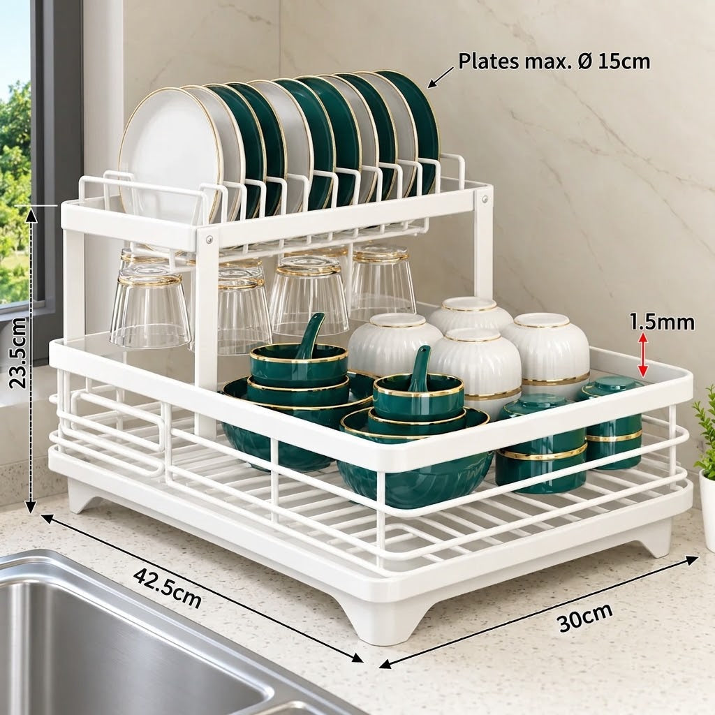 Kitchen Storage Dish Rack 2-Tier Coated Steel with 360 Rotating Drain 15