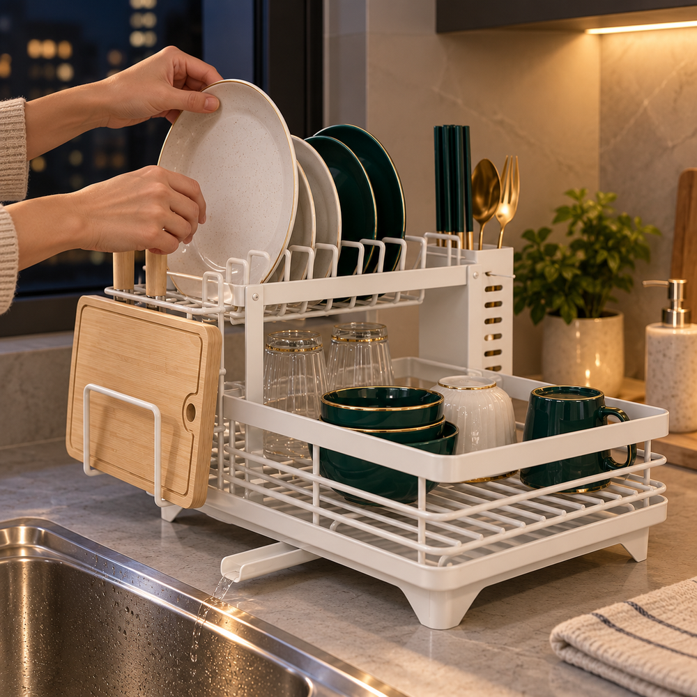 Kitchen Storage Dish Rack 2-Tier Coated Steel with 360 Rotating Drain 2
