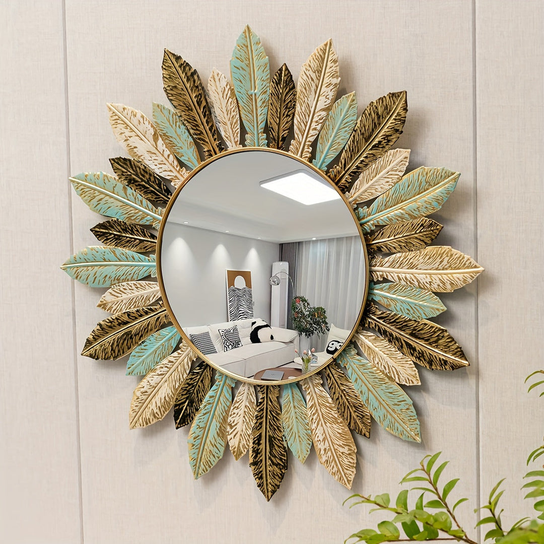 Sunburst Metal Wall Mirror | Handcrafted Leaf Detail Design | Bohemian Accent for Living Room, Bedroom or Hallway 1