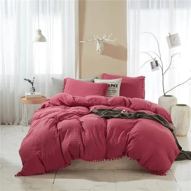 Quilt Cover Set with Pompom Trim | Single, Double, Queen, King, 10 Colours | Oversized Fit, Matching Pillowcases Included 12