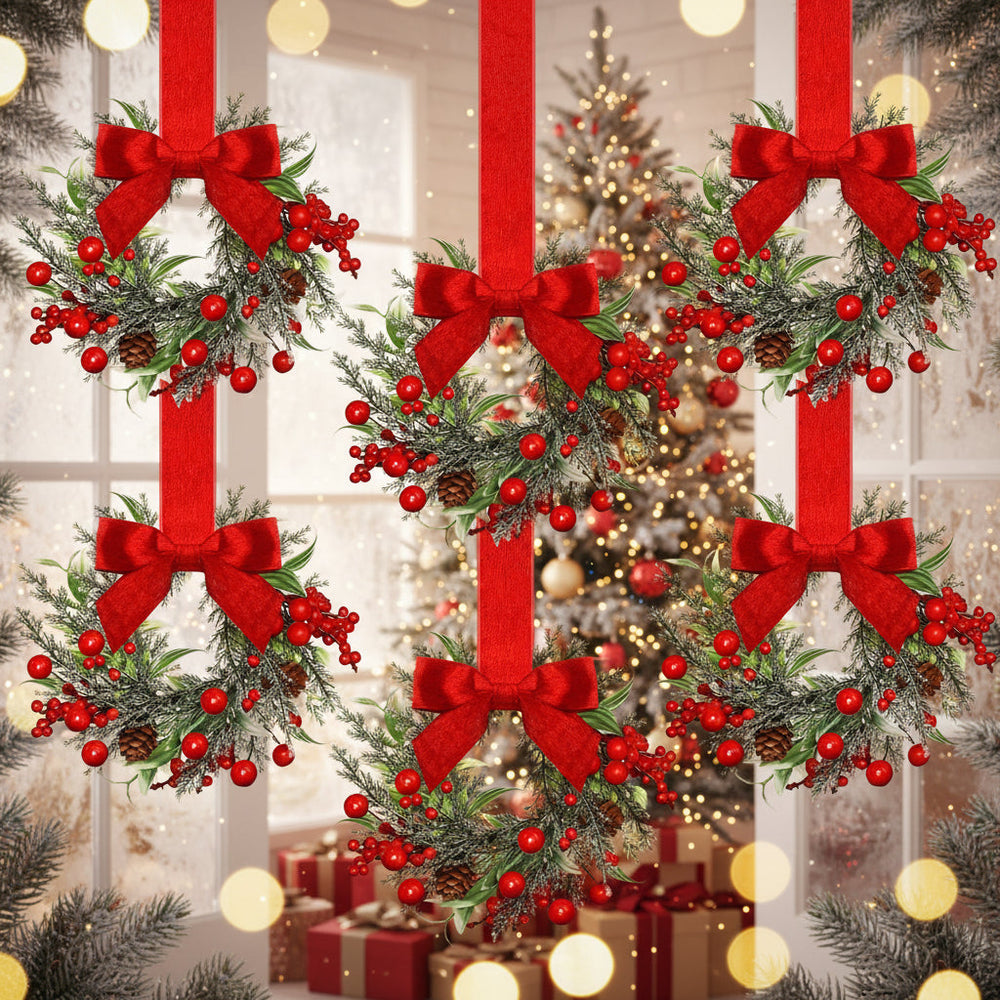 Christmas Wreath Set | Red Bows, Pinecones & Greenery | Lightweight Polyester, Reusable Hanging Door Decor for Holidays 2