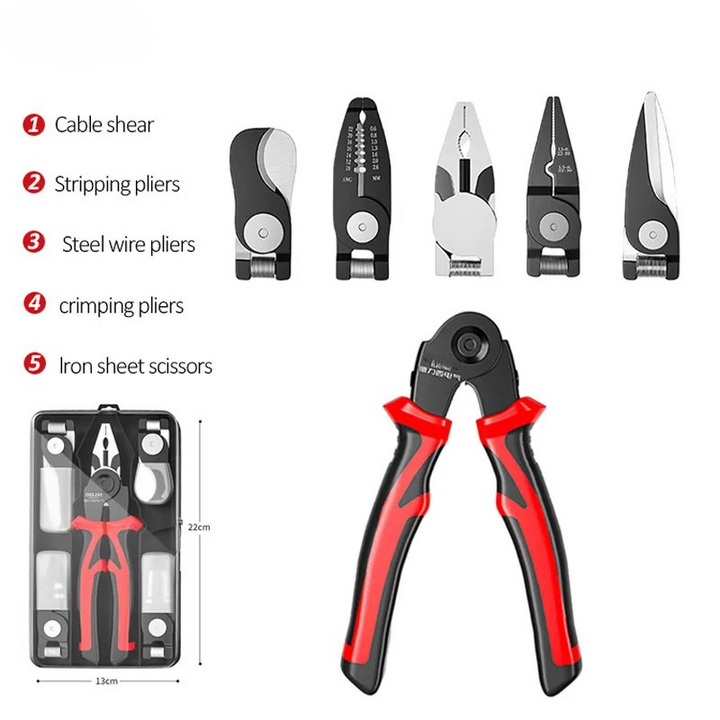 Crimping Pliers Set 5-in-1 | Interchangeable Heads for Stripping, Cutting &amp; Crimping | Chrome Vanadium Steel Build 3
