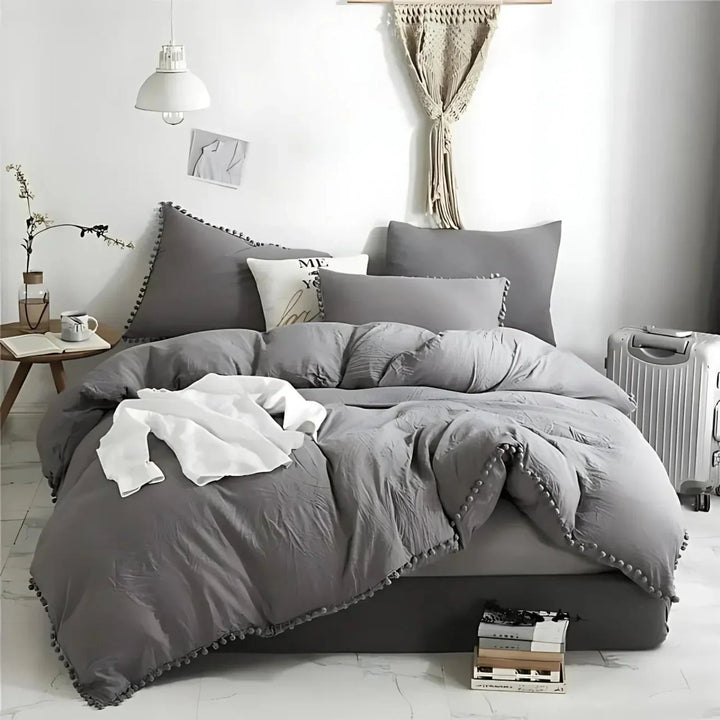 Quilt Cover Set with Pompom Trim | Single, Double, Queen, King, 10 Colours | Oversized Fit, Matching Pillowcases Included 7