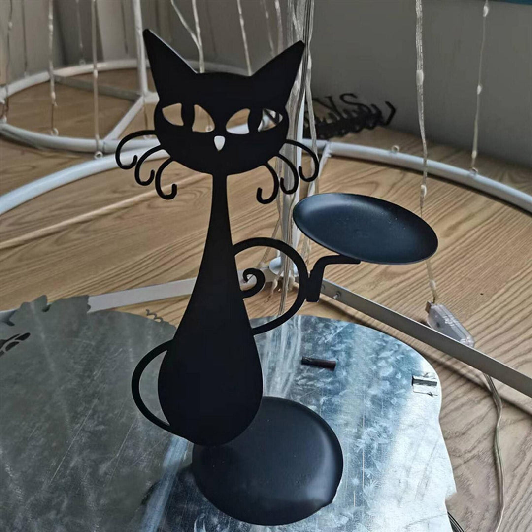 Black Cat Candle Holder Iron | Raised Tail Handle Design with Textured Fur Detail | Holds Tealights Votives Pillar Candles 6