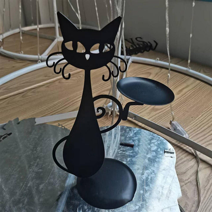 Black Cat Candle Holder Iron | Raised Tail Handle Design with Textured Fur Detail | Holds Tealights Votives Pillar Candles 6