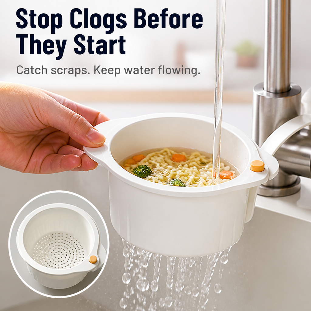 Tap-Mount Sink Strainer, ABS/Stainless Mesh, 3.27 x 5.59 x 7.95 in | White, Yellow, Green | Hands-Free Lid Stops Clogs 1