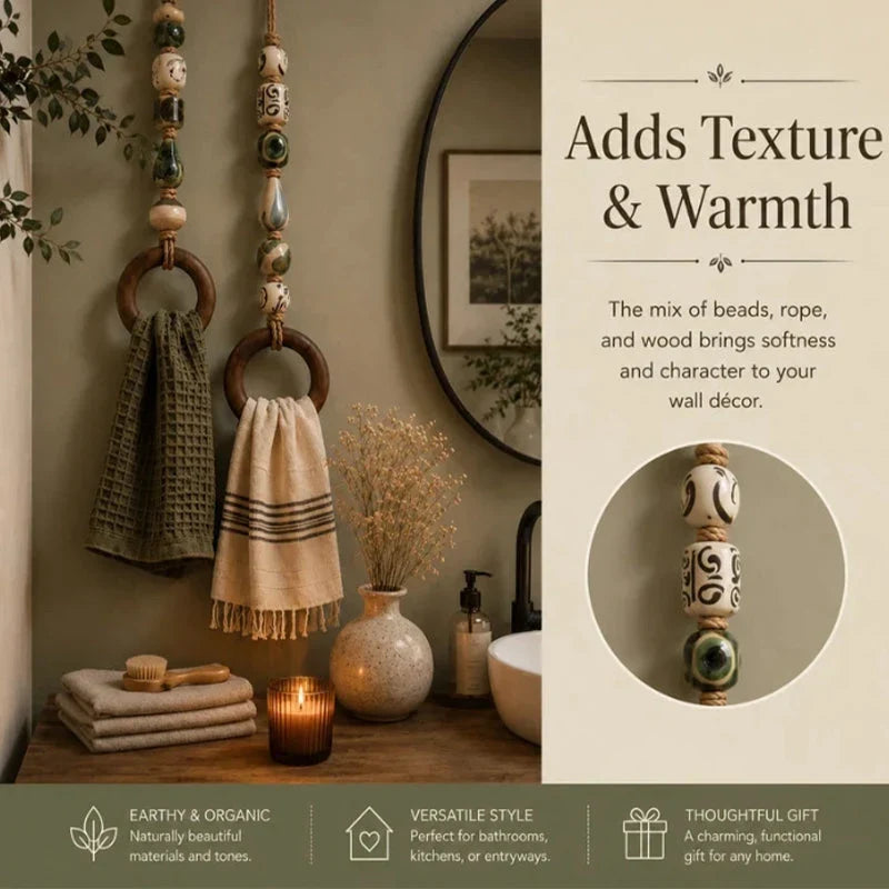 Towel Hanger Rustic Wall Mounted Wood Jute Lightweight with Ceramic Beads 3