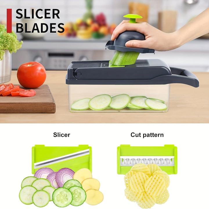 Vegetable Chopper Manual 16-in-1 | 8 Interchangeable Blades, Container &amp; Strainer | Dice, Slice, Julienne Without Electricity 5