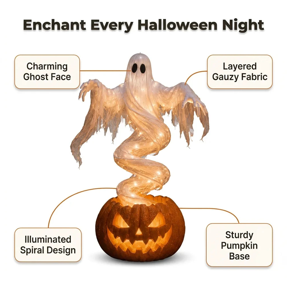 Rising Ghost & Pumpkin Yard Lamp Halloween Decoration | Spiral Frame with Warm Glow Lighting | Porch & Entryway Display 2
