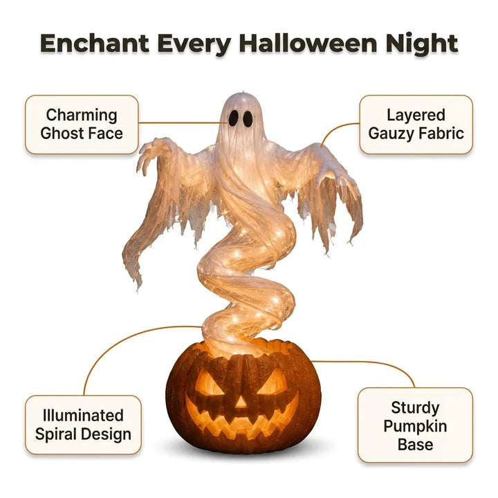 Rising Ghost &amp; Pumpkin Yard Lamp Halloween Decoration | Spiral Frame with Warm Glow Lighting | Porch &amp; Entryway Display 2