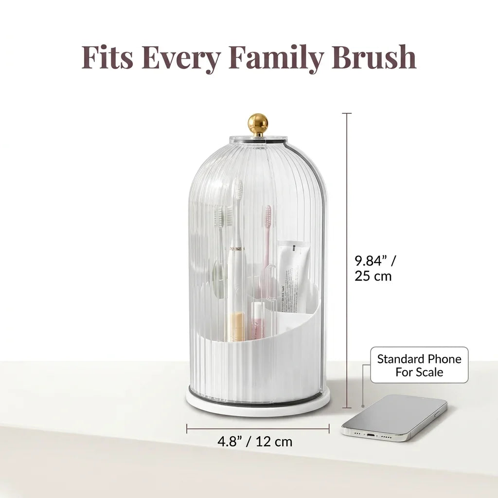 Covered Toothbrush Holder Vanity Organiser | 360-Degree Rotating Tray &amp; Sealed Dust-Proof Dome | Holds 7 Bathroom Accessories 4