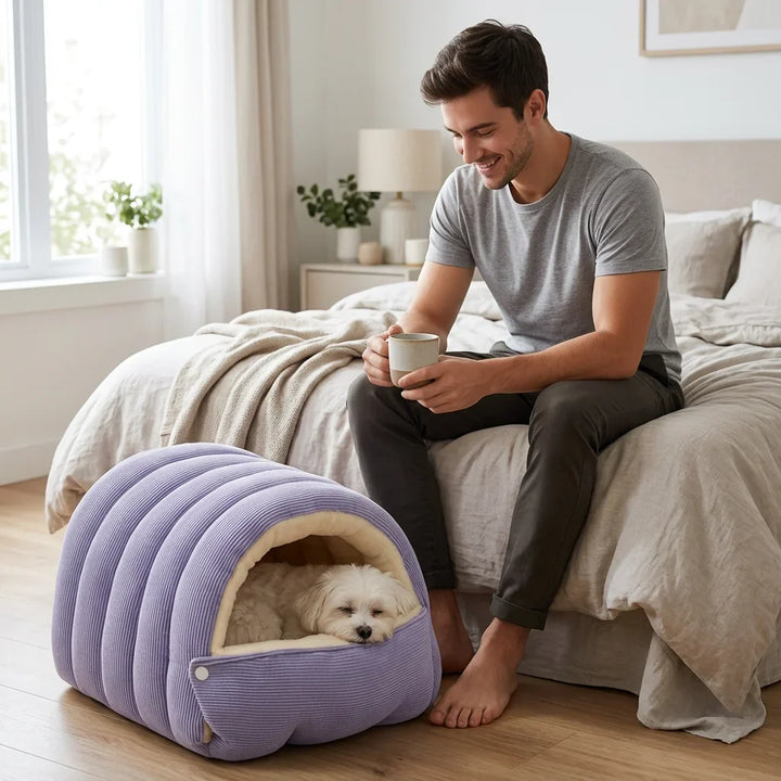 Covered Pet Cave Bed with Plush Fleece Lining | Orthopedic Cotton Cushioning | Warm Enclosed Retreat for Cats and Dogs 4