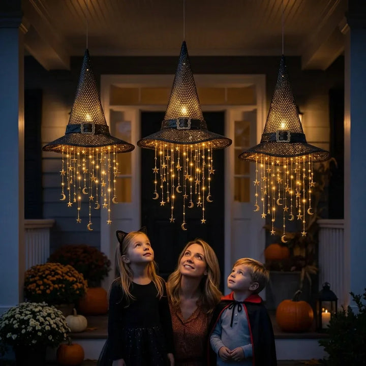 Hanging Witch Hat Light Halloween Decoration | Cascading LED Stars &amp; Moons | Battery-Powered, Glows Up to 30 Days 5