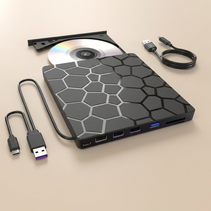 7-in-1 Portable External CD/DVD Drive for Laptop with USB 3.0, USB-C, 8-Port Hub, and SD Card Reader 0