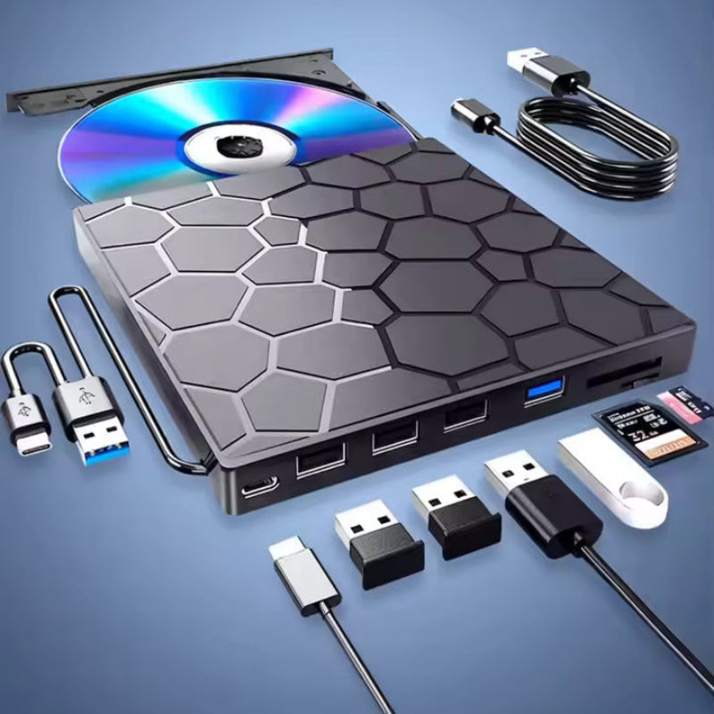 7-in-1 Portable External CD/DVD Drive for Laptop with USB 3.0, USB-C, 8-Port Hub, and SD Card Reader 2