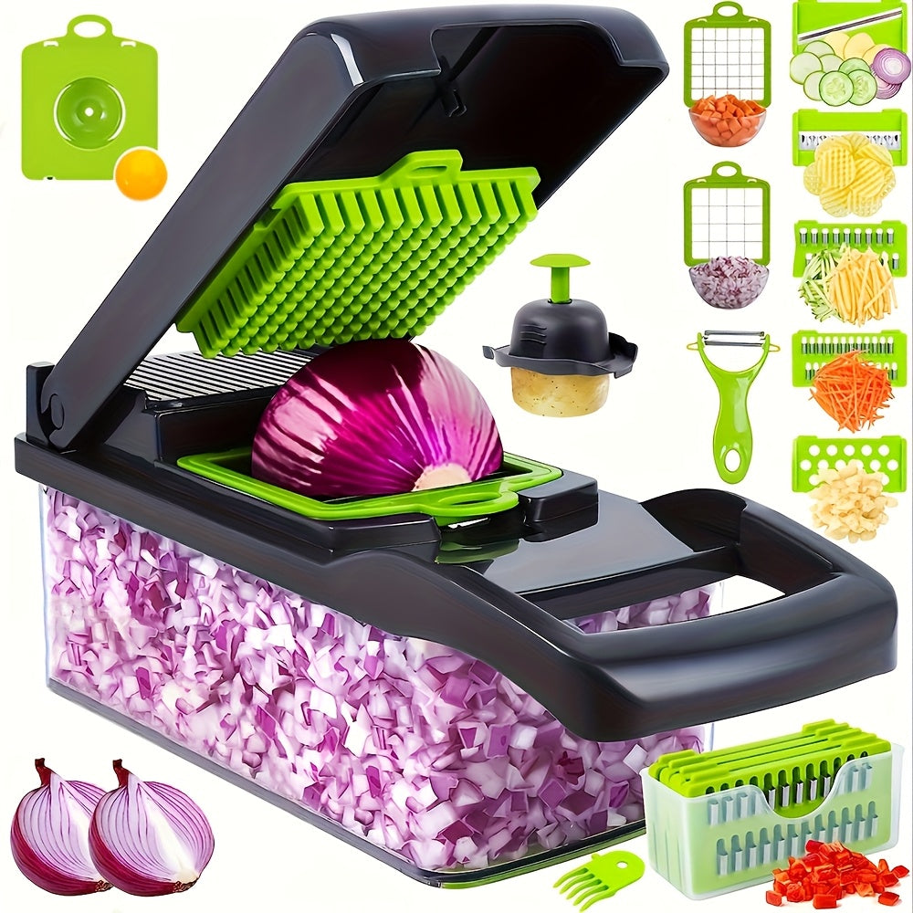 Vegetable Chopper Manual 16-in-1 | 8 Interchangeable Blades, Container &amp; Strainer | Dice, Slice, Julienne Without Electricity 1